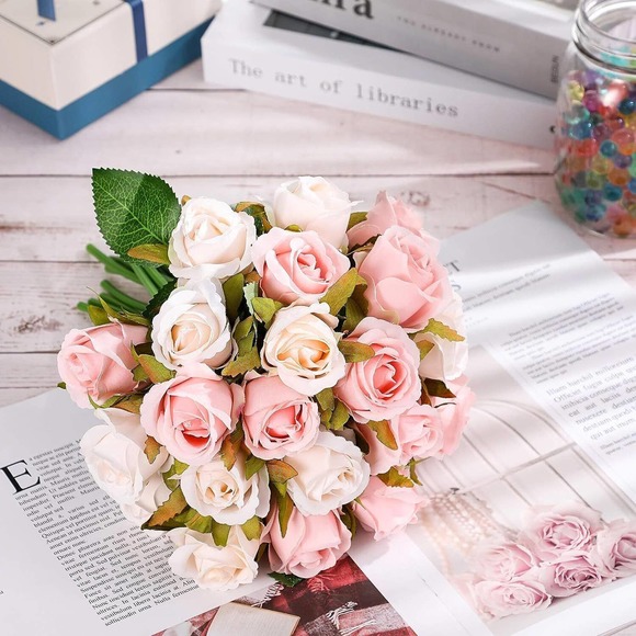 48-Pcs Artificial Silk Rose Flowers w/ Leaves & Stems for Wedding Bridal Shower - Picture 10 of 14